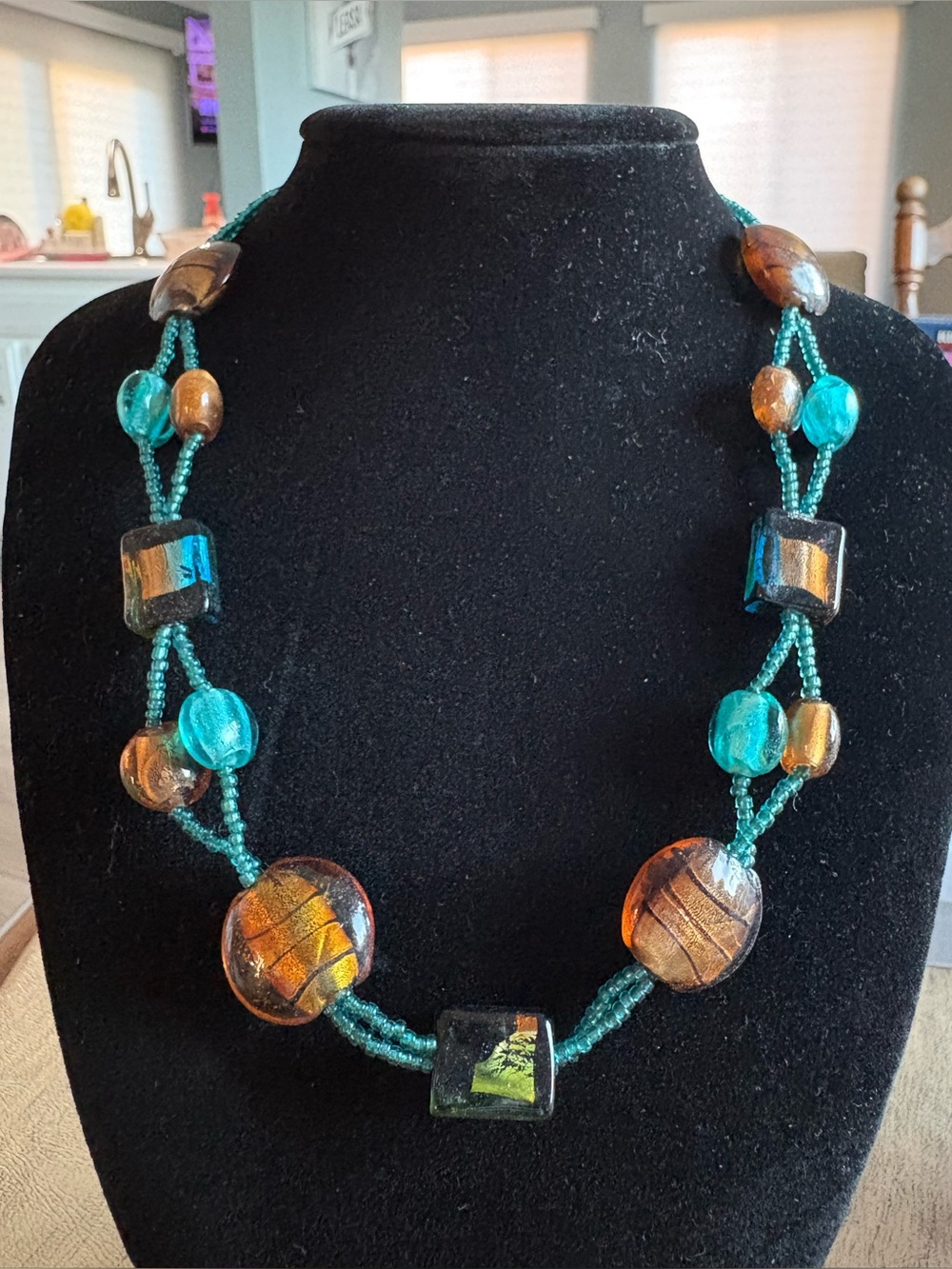 Handcrafted Teal and Amber Glass Bead Necklace